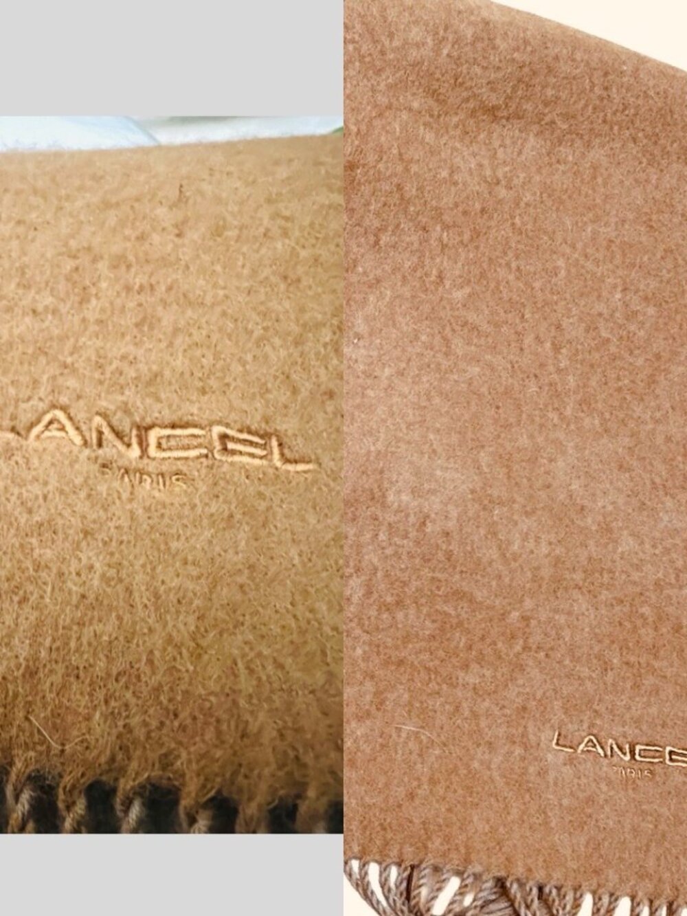 Lancel Paris   Reversible Wool Scaf 58"x10" Sand Beige  light gray Fringe(32 - Picture 7 of 13